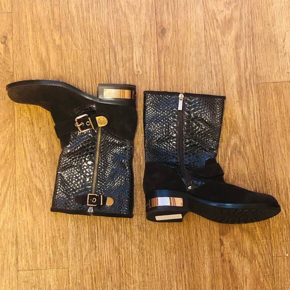 Vince Camuto Witty 2 Snake Embossed Moto Boots in Dark Brown and Gold Size 8.5 - Picture 2 of 12